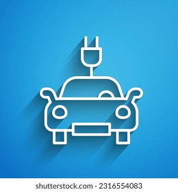 White line Electric car and electrical cable plug charging icon isolated on blue background. Renewable eco technologies. Long shadow. Vector