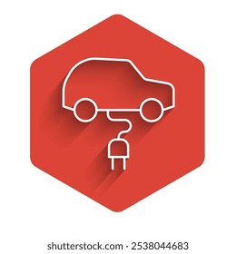 White line Electric car and electrical cable plug charging icon isolated with long shadow background. Renewable eco technologies. Red hexagon button. Vector
