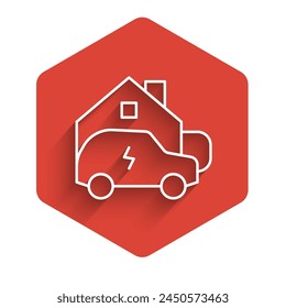 White line Electric car parking charging at home wall box charger station on house icon isolated with long shadow background. Red hexagon button. Vector
