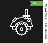 White line Electric circular saw with steel toothed disc icon isolated on black background. Electric hand tool for cutting wood or metal.  Vector Illustration