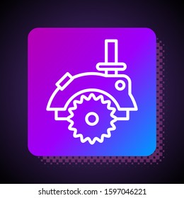 White line Electric circular saw with steel toothed disc icon isolated on black background. Electric hand tool for cutting wood or metal. Square color button. Vector Illustration