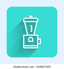 White line Electric coffee grinder icon isolated with long shadow. Green square button. Vector Illustration