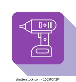 White line Electric cordless screwdriver icon isolated on white background. Electric drill machine. Repair tool. Purple square button. Vector Illustration