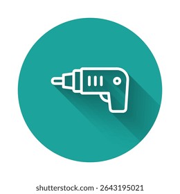 White line Electric cordless screwdriver icon isolated with long shadow background. Electric drill machine. Repair tool. Green circle button. Vector