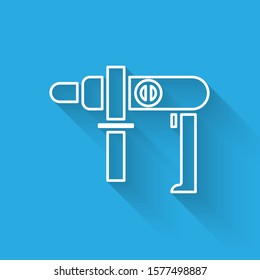 White line Electric drill machine icon isolated with long shadow. Repair tool.  Vector Illustration