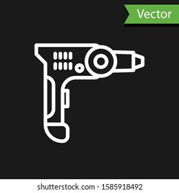 White line Electric drill machine icon isolated on black background. Repair tool.  Vector Illustration
