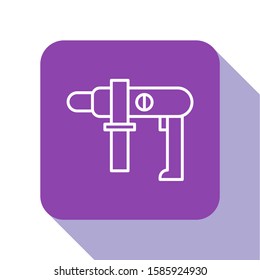 White line Electric drill machine icon isolated on white background. Repair tool. Purple square button. Vector Illustration