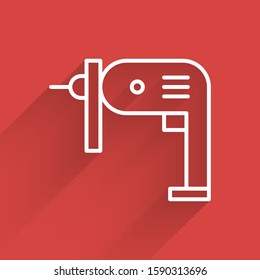 White line Electric drill machine icon isolated with long shadow. Repair tool.  Vector Illustration