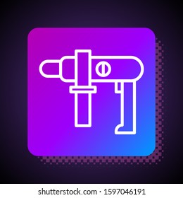 White line Electric drill machine icon isolated on black background. Repair tool. Square color button. Vector Illustration