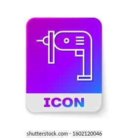 White line Electric drill machine icon isolated on white background. Repair tool. Rectangle color button. Vector Illustration