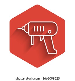 White line Electric drill machine icon isolated with long shadow. Repair tool. Red hexagon button. Vector Illustration