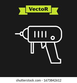 White line Electric drill machine icon isolated on black background. Repair tool.  Vector Illustration