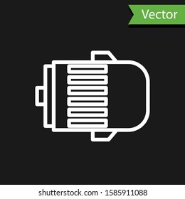 White line Electric engine icon isolated on black background. Car alternator.  Vector Illustration