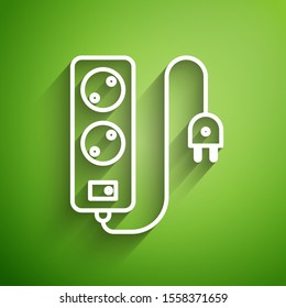 White line Electric extension cord icon isolated on green background. Power plug socket.  Vector Illustration