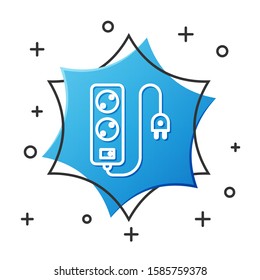 White line Electric extension cord icon isolated on white background. Power plug socket. Blue hexagon button. Vector Illustration