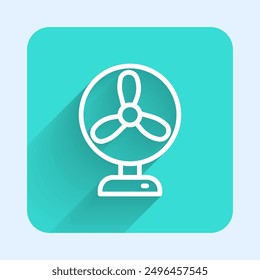 White line Electric fan icon isolated with long shadow. Green square button. Vector