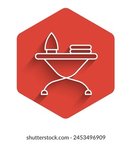 White line Electric iron and ironing board icon isolated with long shadow. Steam iron. Red hexagon button. Vector