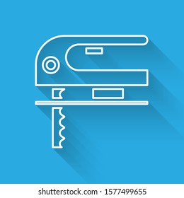 White line Electric jigsaw with steel sharp blade icon isolated with long shadow. Power tool for woodwork.  Vector Illustration