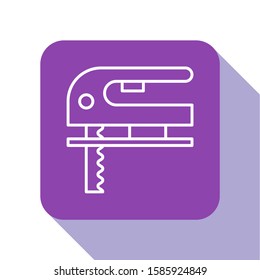 White line Electric jigsaw with steel sharp blade icon isolated on white background. Power tool for woodwork. Purple square button. Vector Illustration