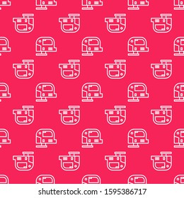 White line Electric jigsaw with steel sharp blade icon isolated seamless pattern on red background. Power tool for woodwork.  Vector Illustration