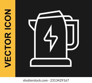 White line Electric kettle icon isolated on black background. Teapot icon.  Vector