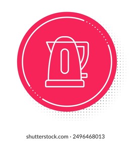 White line Electric kettle icon isolated on white background. Teapot icon. Red circle button. Vector