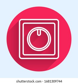 White line Electric light switch icon isolated with long shadow. On and Off icon. Dimmer light switch sign. Concept of energy saving. Red circle button. Vector Illustration