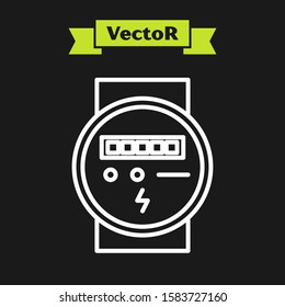 White line Electric meter icon isolated on black background.  Vector Illustration