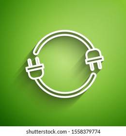 White line Electric plug icon isolated on green background. Concept of connection and disconnection of the electricity.  Vector Illustration