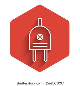 White line Electric plug icon isolated with long shadow. Concept of connection and disconnection of the electricity. Red hexagon button. Vector Illustration