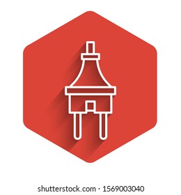 White line Electric plug icon isolated with long shadow. Concept of connection and disconnection of the electricity. Red hexagon button. Vector Illustration