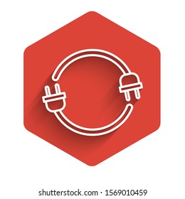 White line Electric plug icon isolated with long shadow. Concept of connection and disconnection of the electricity. Red hexagon button. Vector Illustration