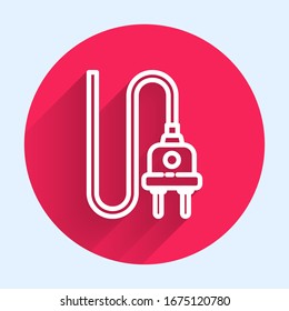 White line Electric plug icon isolated with long shadow. Concept of connection and disconnection of the electricity. Red circle button. Vector Illustration