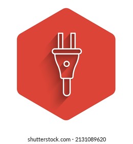 Icono de enchufe eléctrico de línea blanca aislado con sombra larga. Concepto de conexión y desconexión de la electricidad. Botón hexágono rojo. Vector
