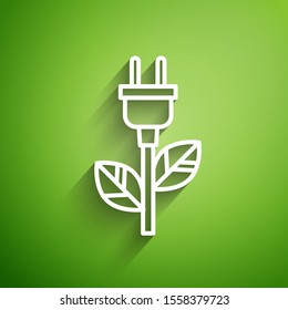 White line Electric saving plug in leaf icon isolated on green background. Save energy electricity icon. Environmental protection icon. Bio energy.  Vector Illustration