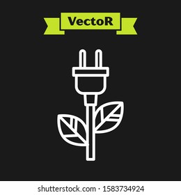 White line Electric saving plug in leaf icon isolated on black background. Save energy electricity icon. Environmental protection icon. Bio energy.  Vector Illustration