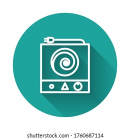 White line Electric stove icon isolated with long shadow. Cooktop sign. Hob with four circle burners. Green circle button. Vector Illustration
