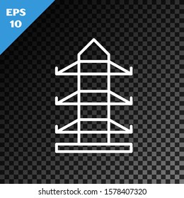 White line Electric tower used to support an overhead power line icon isolated on transparent dark background. High voltage power pole line.  Vector Illustration