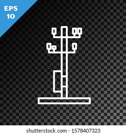 White line Electric tower used to support an overhead power line icon isolated on transparent dark background. High voltage power pole line.  Vector Illustration