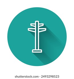 White line Electric tower used to support an overhead power line icon isolated with long shadow background. High voltage power pole line. Green circle button. Vector