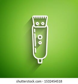 White line Electrical hair clipper or shaver icon isolated on green background. Barbershop symbol.  Vector Illustration