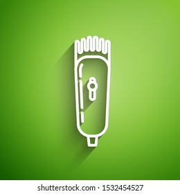 White line Electrical hair clipper or shaver icon isolated on green background. Barbershop symbol.  Vector Illustration