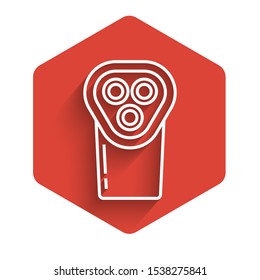 White line Electrical hair clipper or shaver icon isolated with long shadow. Barbershop symbol. Red hexagon button. Vector Illustration