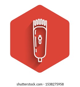 White line Electrical hair clipper or shaver icon isolated with long shadow. Barbershop symbol. Red hexagon button. Vector Illustration