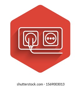 White line Electrical outlet icon isolated with long shadow. Power socket. Rosette symbol. Red hexagon button. Vector Illustration