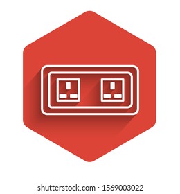White line Electrical outlet icon isolated with long shadow. Power socket. Rosette symbol. Red hexagon button. Vector Illustration