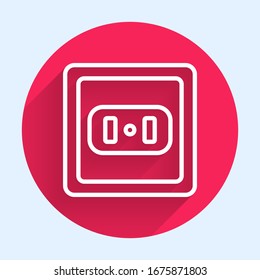 White line Electrical outlet icon isolated with long shadow. Power socket. Rosette symbol. Red circle button. Vector Illustration