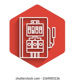 White line Electrical panel icon isolated with long shadow. Red hexagon button. Vector Illustration