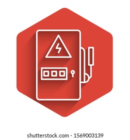 White line Electrical panel icon isolated with long shadow. Red hexagon button. Vector Illustration