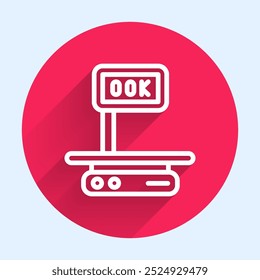 White line Electronic scales icon isolated with long shadow. Weight for food. Weighing process in store or supermarket. Red circle button. Vector